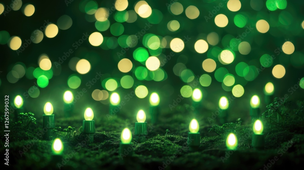 Poster green bokeh background with soft lighting and decorative candles in nature setting