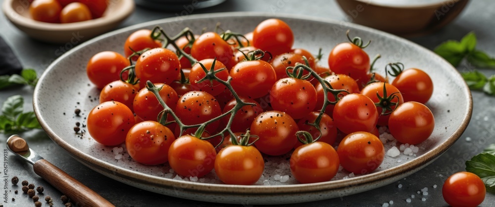Aufkleber fresh organic cherry tomatoes garnished with black pepper and sea salt on a rustic plate with ample 