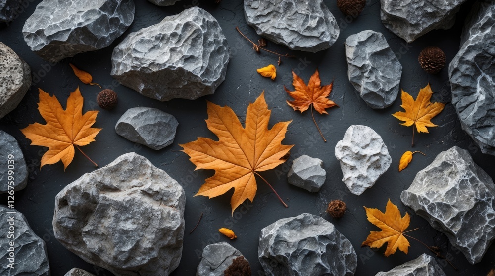 Poster natural rock texture background with autumn leaves and acorns creating a harmonious contrast of colo