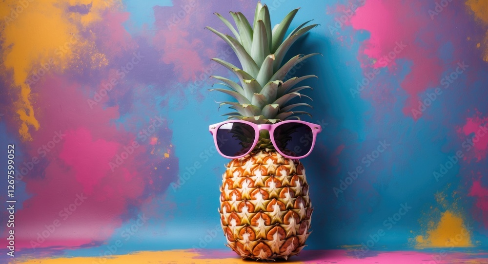 Poster Playful Pineapple Sporting Sunglasses Against a Colorful Background with Space for Custom Text or Branding