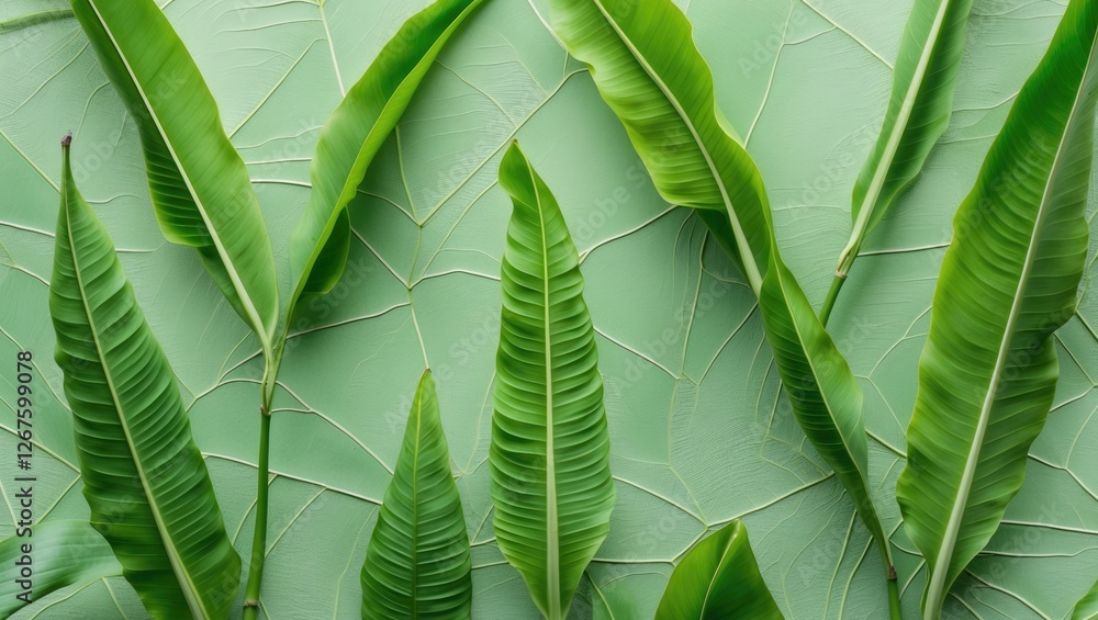Poster elegant light green background featuring banana leaves with macro texture and space for text overlay