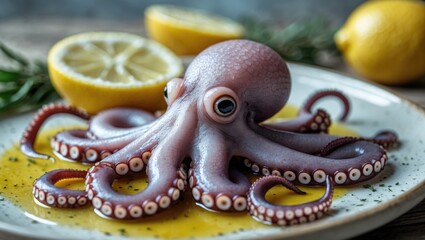 Fresh Baby Octopus Garnished with Lemon and Rosemary on a Plate Close-up Culinary Photography