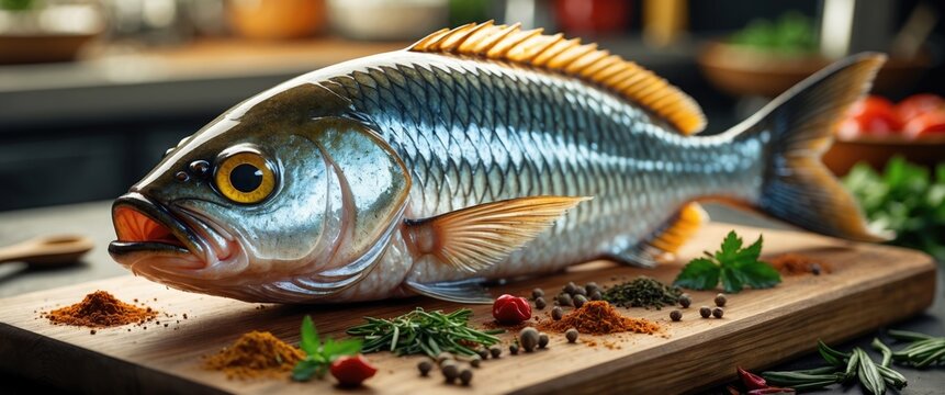 Freshly Caught Pabda Fish Displayed on Wooden Board with Spices and Herbs Highlighting Its Culinary Value and Nutritional Benefits