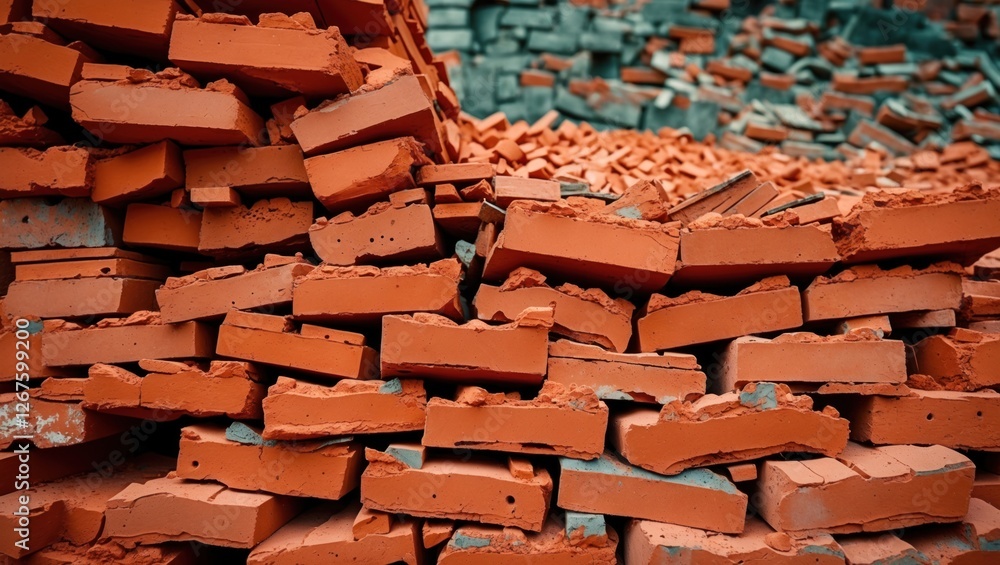 Poster clay bricks in organized stacks displaying texture and color variations suitable for construction ba