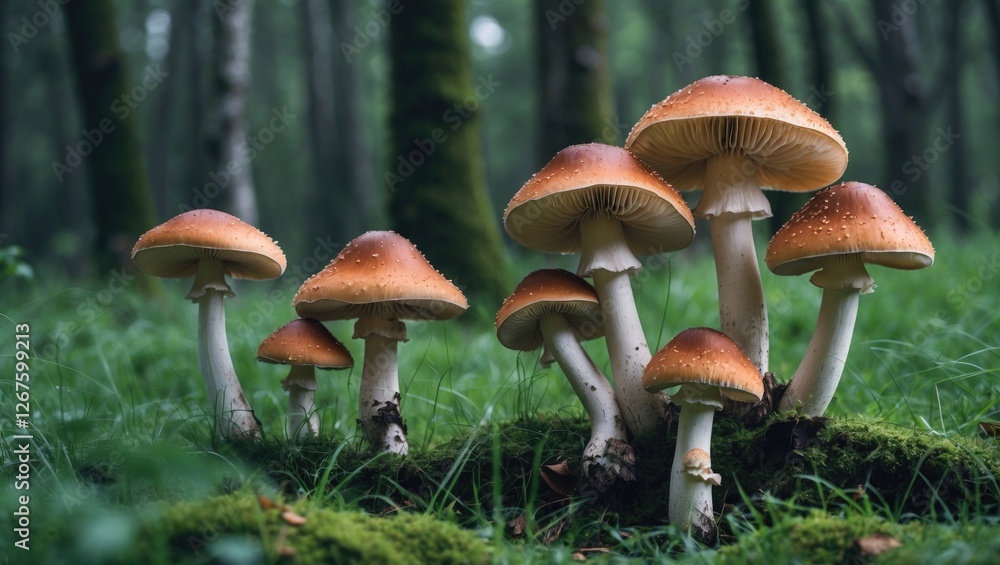 Poster mushrooms growing in a lush green forest with soft grass and copy space for text or design use