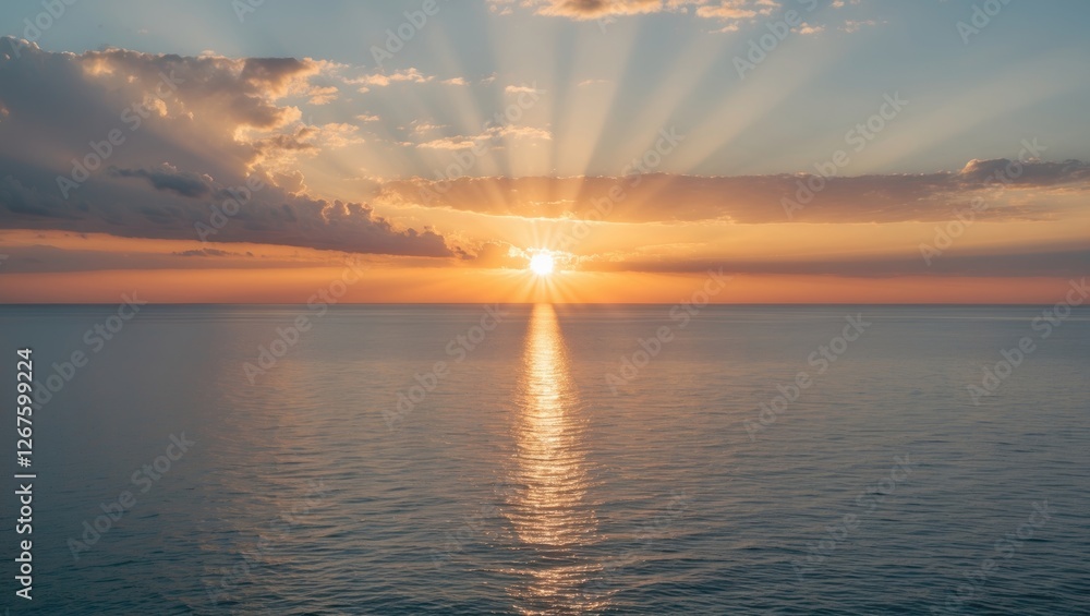 Poster sunrise over calm sea illuminates the sky with orange rays as the sun breaks through clouds creating
