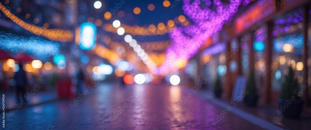 Poster vibrant blurred city street illuminated by colorful festive lights creating an abstract bokeh backgr