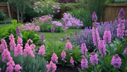 Obraz premium Vibrant backyard garden scene featuring blossoming pink and purple flowers amidst lush greenery with space for text and design elements.