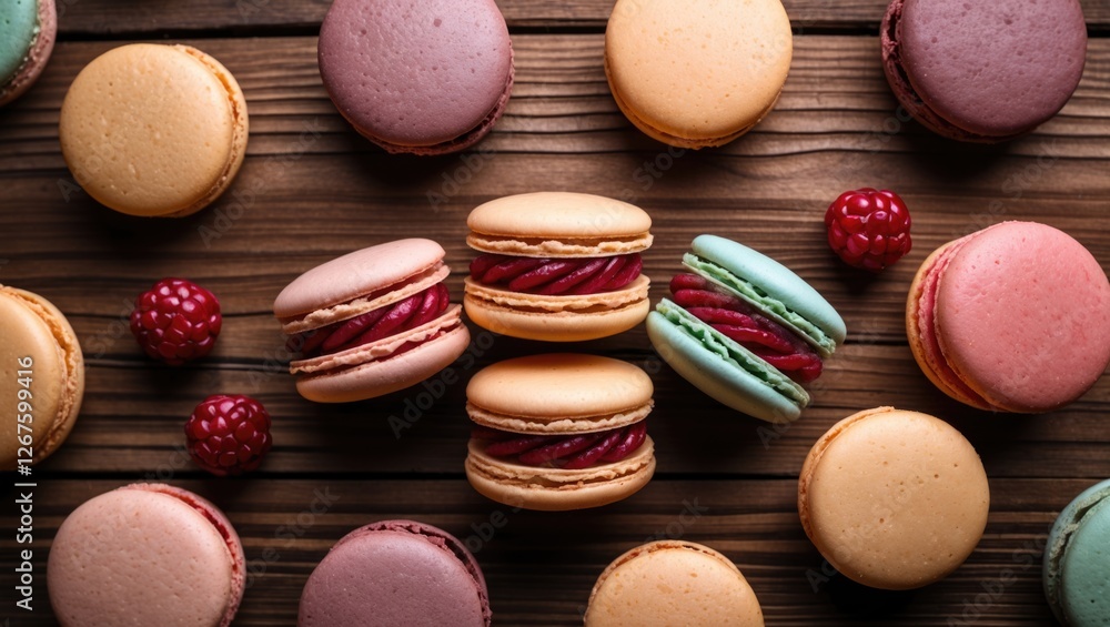 Poster colorful macarons assorted on a rustic wooden surface with fresh raspberries, creating an inviting a