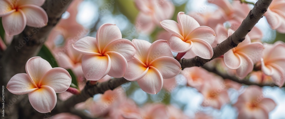 Poster Pale Pink Plumeria Blossoms on Branches with Natural Bokeh and Soft Background for Text Overlay in Tropical Setting