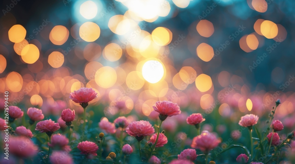 Poster delicate pink flowers in a dreamy bokeh background illuminated by soft sunset light creating a seren