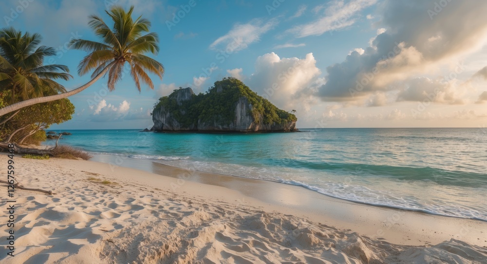 Poster tranquil beach scene featuring an isolated island, palm trees, and gentle waves, ideal for adding te