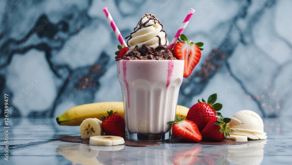 Poster refreshing banana strawberry milkshake topped with ice cream and chocolate, served in a glass with a