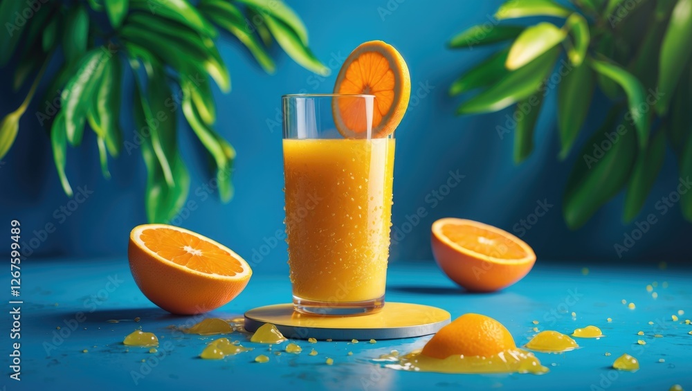 Poster Refreshing Orange Juice with Slices on Vibrant Blue Background Evoking Summer Vibes and Ideal for Text Placement