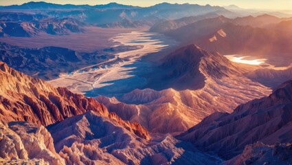Obraz premium Stunning panoramic vista from Dante's View overlooking Death Valley and Panamint Mountains at sunset in Death Valley National Park