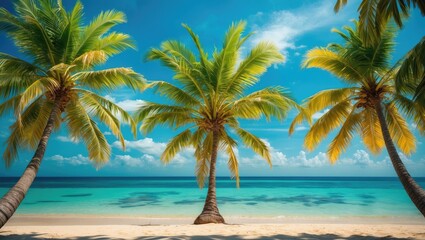 Obraz premium Tropical Paradise with Palm Trees Against Clear Blue Ocean and Sky Ideal for Summer Vacation and Relaxation Background with Space for Text