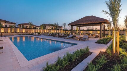 Fototapeta premium A serene resort pool with thatched-roof cabanas, cozy seating areas, and soft pool lights.