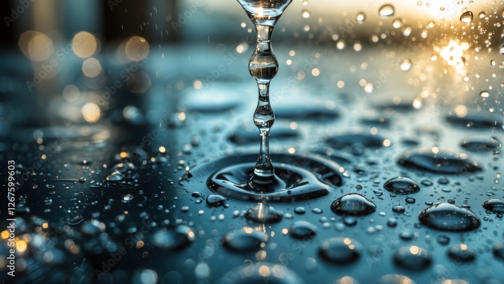 Poster close-up of sparkling water droplets on a surface with a glass dropper creating ripples and reflecti