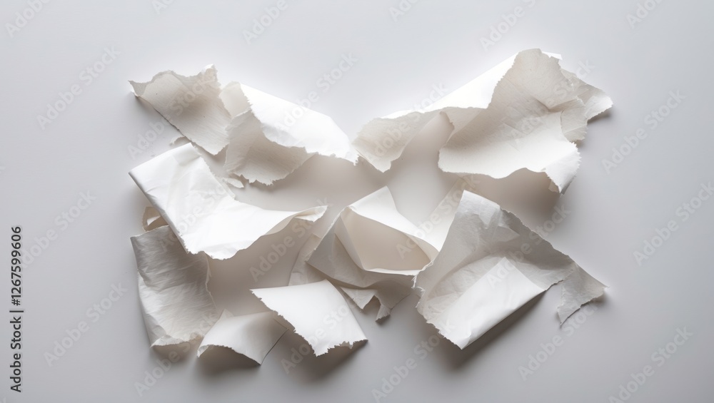 Poster crumpled white paper scraps arranged on a light surface with textured details and visible torn edges