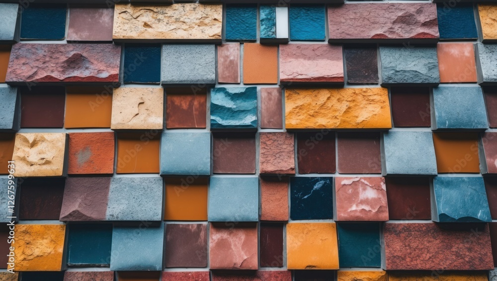 Poster multicolored textured tiles forming an abstract pattern on a building facade showcasing diverse mate