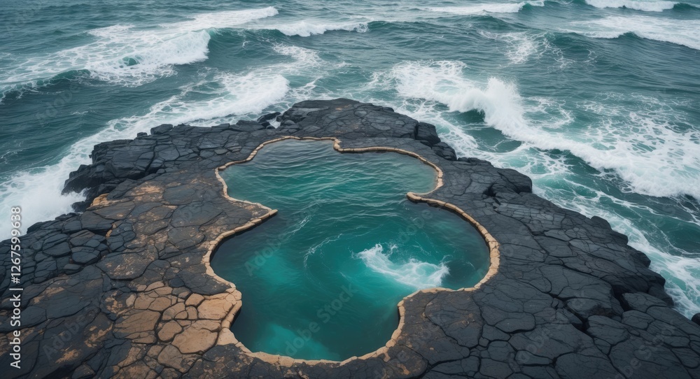 Poster aerial view of natural lava swimming pools surrounded by stormy waves with copy space for text eleme