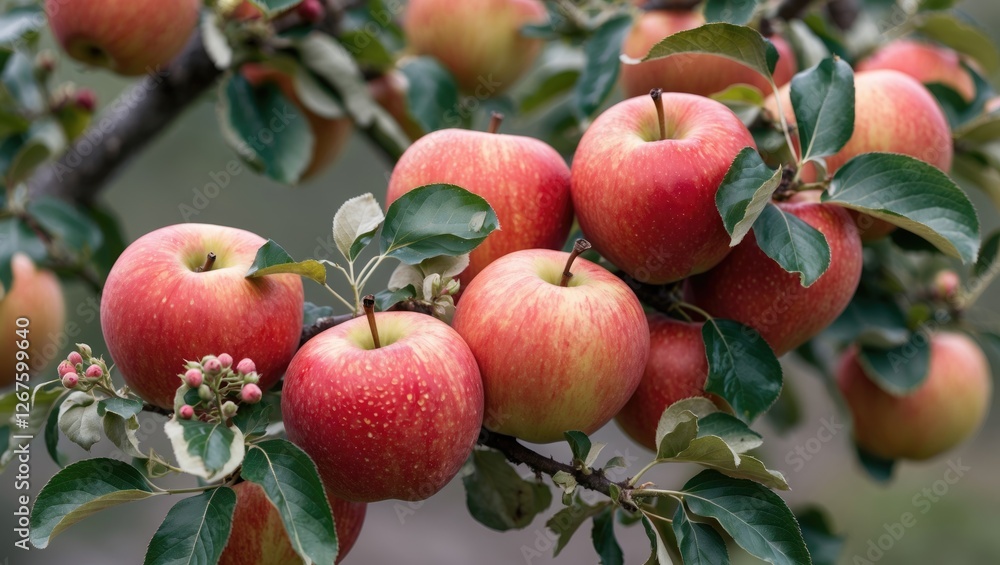 Poster fresh and ripe organic red apples on a tree branch surrounded by foliage with blossoms in a natural 