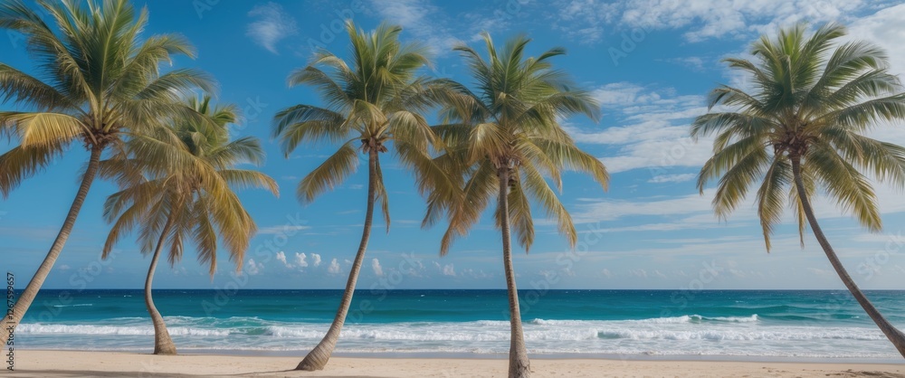 Poster tropical beach with palm trees swaying under a clear blue sky and gentle waves lapping at the shore 