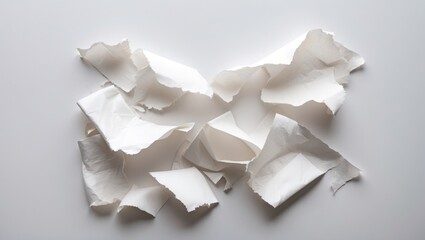 Crumpled white paper scraps arranged on a light surface with textured details and visible torn edges Copy Space