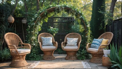 Fototapeta premium Charming Outdoor Patio with Rattan Chairs and Floral Arch in Serene Garden Setting Ideal for Relaxation and Entertaining