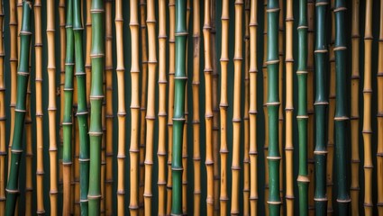 Fototapeta premium Bamboo stalks in a harmonious pattern showcasing green and yellow hues, ideal for natural backgrounds and textured design elements.