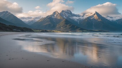 Naklejka premium Serene Mountain Landscape Reflected on Tranquil Beach Under Soft Clouds