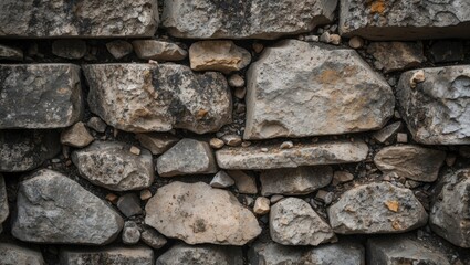 Fototapeta premium Textured stone wall background with various sizes of weathered rocks showcasing natural earthy tones and rugged appearance.