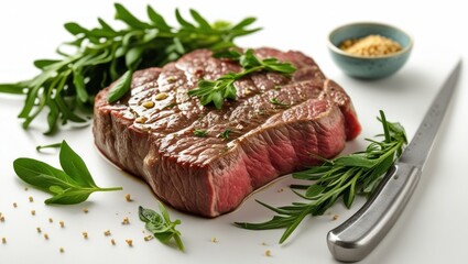 Fresh organic steak garnished with herbs on a white background showcasing culinary preparation and quality meat selection.