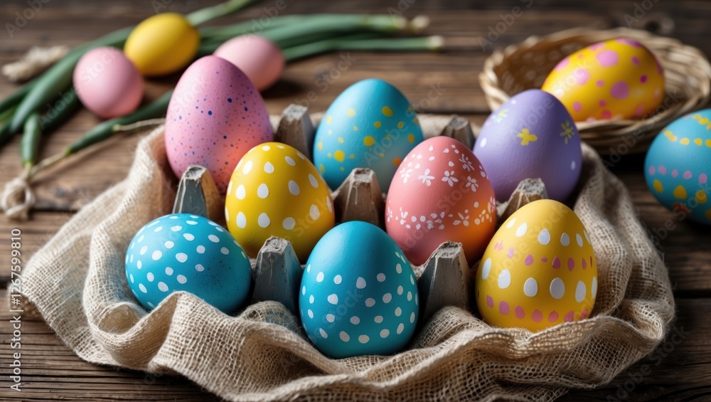 Poster colorful easter eggs arranged in a rustic basket with fresh green onions on a wooden table, creating