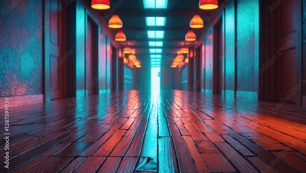 Aufkleber illuminated wooden floor in a colorful corridor with glowing lamps creating a vibrant and atmospheri