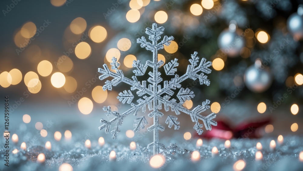 Aufkleber snowflake decoration in soft focus with glowing bokeh lights and a christmas tree backdrop ideal for