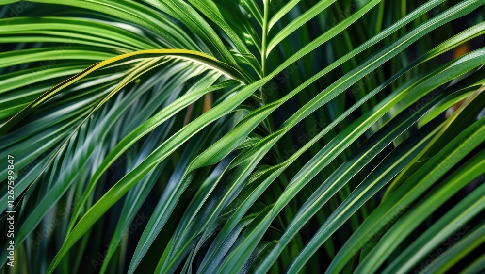 Poster lush green palm leaf close-up showcasing intricate natural patterns and textures in tropical foliage