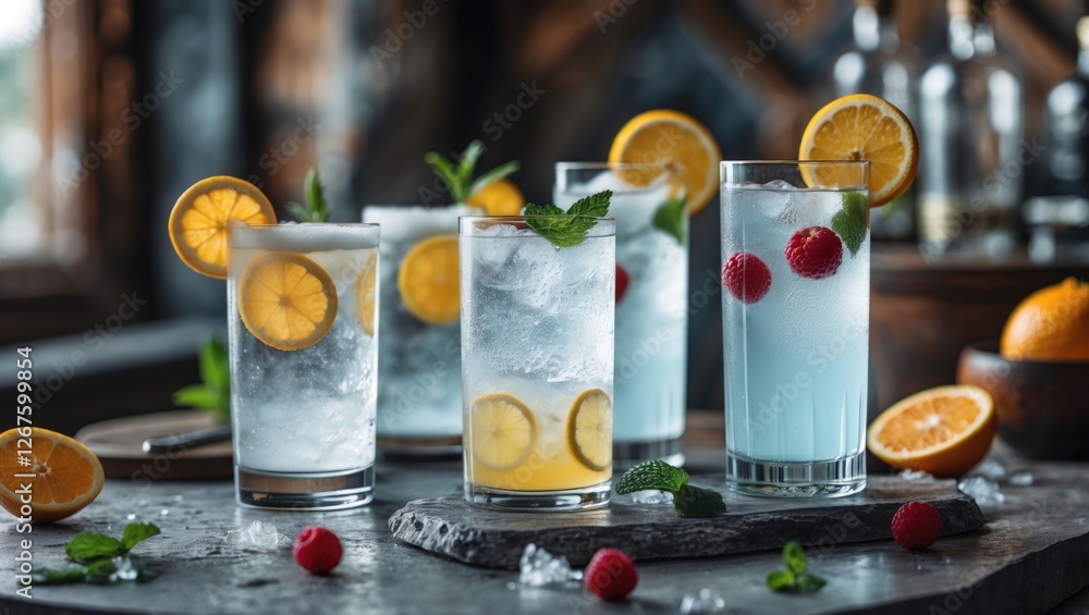 Poster Refreshing Gin and Tonic Cocktails in Various Styles with Citrus and Berries Garnish on Rustic Wooden Table with Empty Space for Text