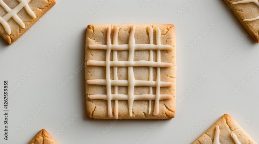 Poster decoratively iced square cookie on a white background surrounded by additional cookies creating an i
