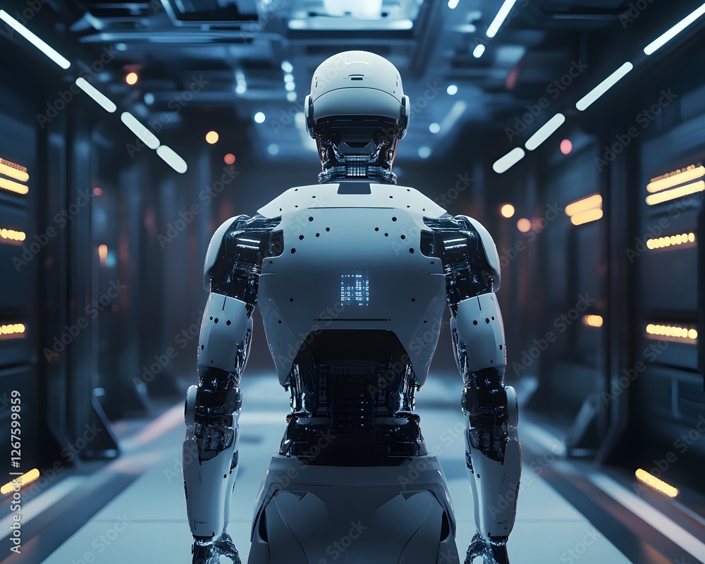 Poster a futuristic humanoid robot stands in a high-tech corridor, showcasing advanced robotic design and a