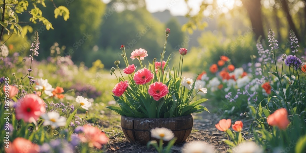 Fototapete vibrant summer garden scene with colorful flowers in a wooden pot and soft sunlight creating a seren