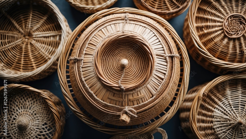 Poster wicker baskets arranged in a top view composition showcasing intricate craftsmanship and natural mat
