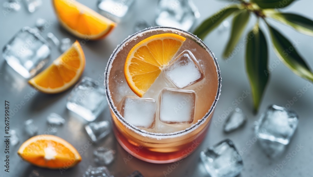Poster chilled cocktail with ice and orange slice on bright surface surrounded by additional ice and orange