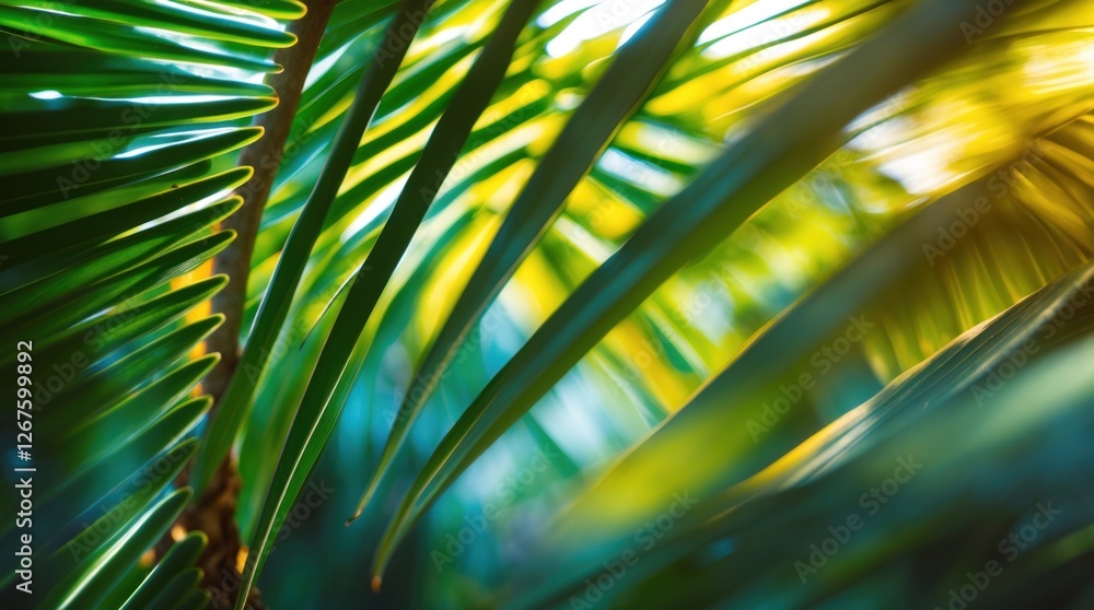 Poster close up of palm leaves with intentional blur creating an abstract background focused on vibrant gre