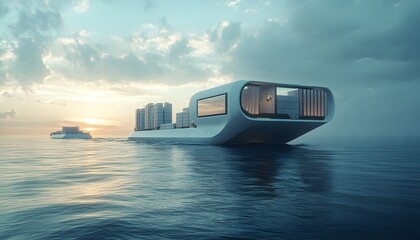 A futuristic floating structure surrounded by tranquil waters under a cloudy sky, showcasing modern architecture that harmonizes with the environment and invites exploration.