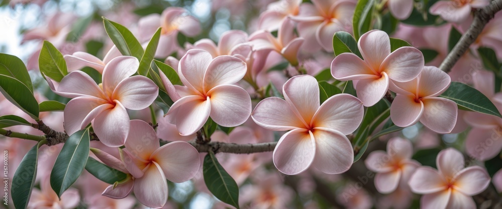 Poster pale pink plumeria blossoms on tree branch with soft focus decorated background and empty space for 