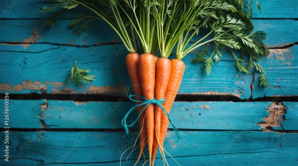 Poster fresh organic carrots bunch tied with twine on vibrant blue wooden table background in soft focus di