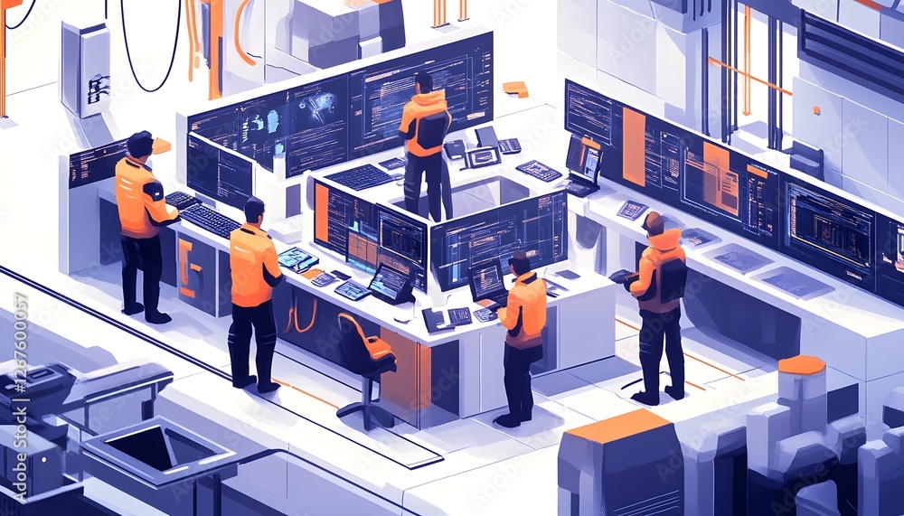 Poster a futuristic industrial workspace featuring technicians in orange uniforms analyzing data on multipl