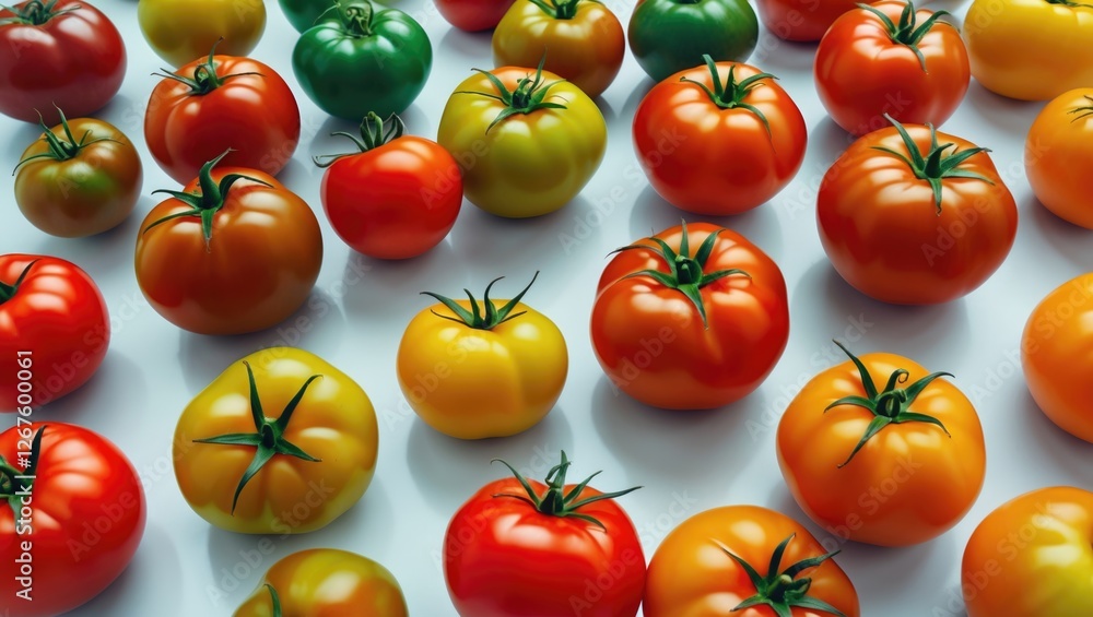 Poster assorted colorful tomatoes in various sizes arranged aesthetically on a white background showcasing 
