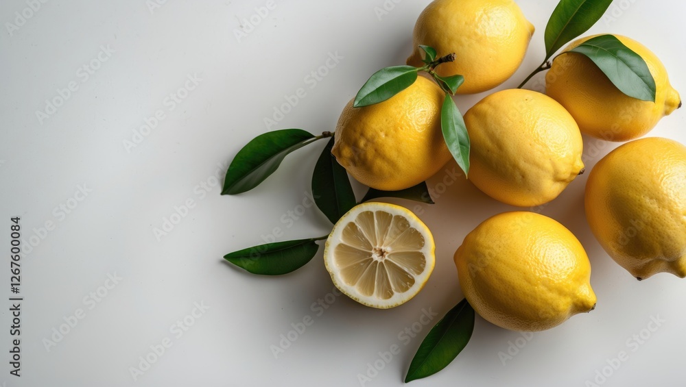 Poster fresh lemons with green leaves on white surface displaying bright yellow color and space for text or
